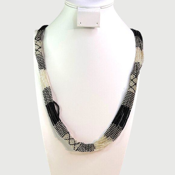 Elegant Black & White Beaded Necklace Geometric Patterns & Twisted Design OUC - Picture 1 of 10